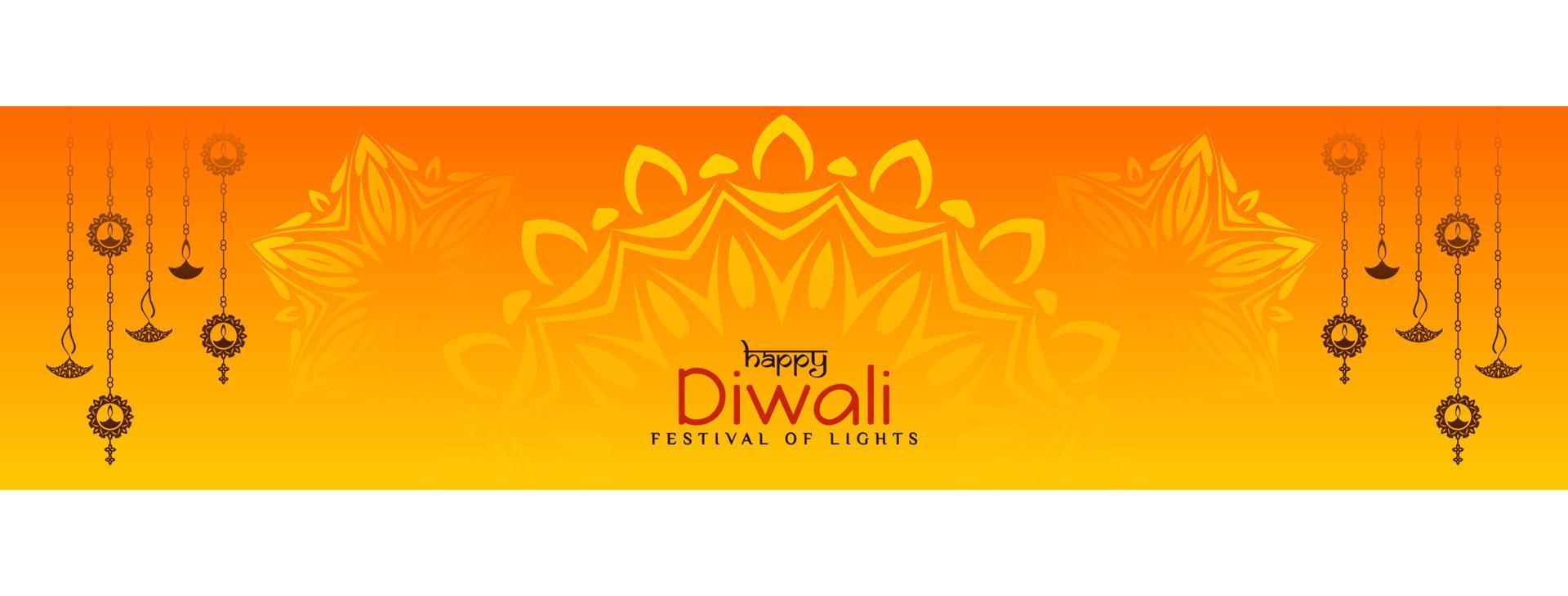 Lycklig diwali festival baner med skön hängande lampor design vektor