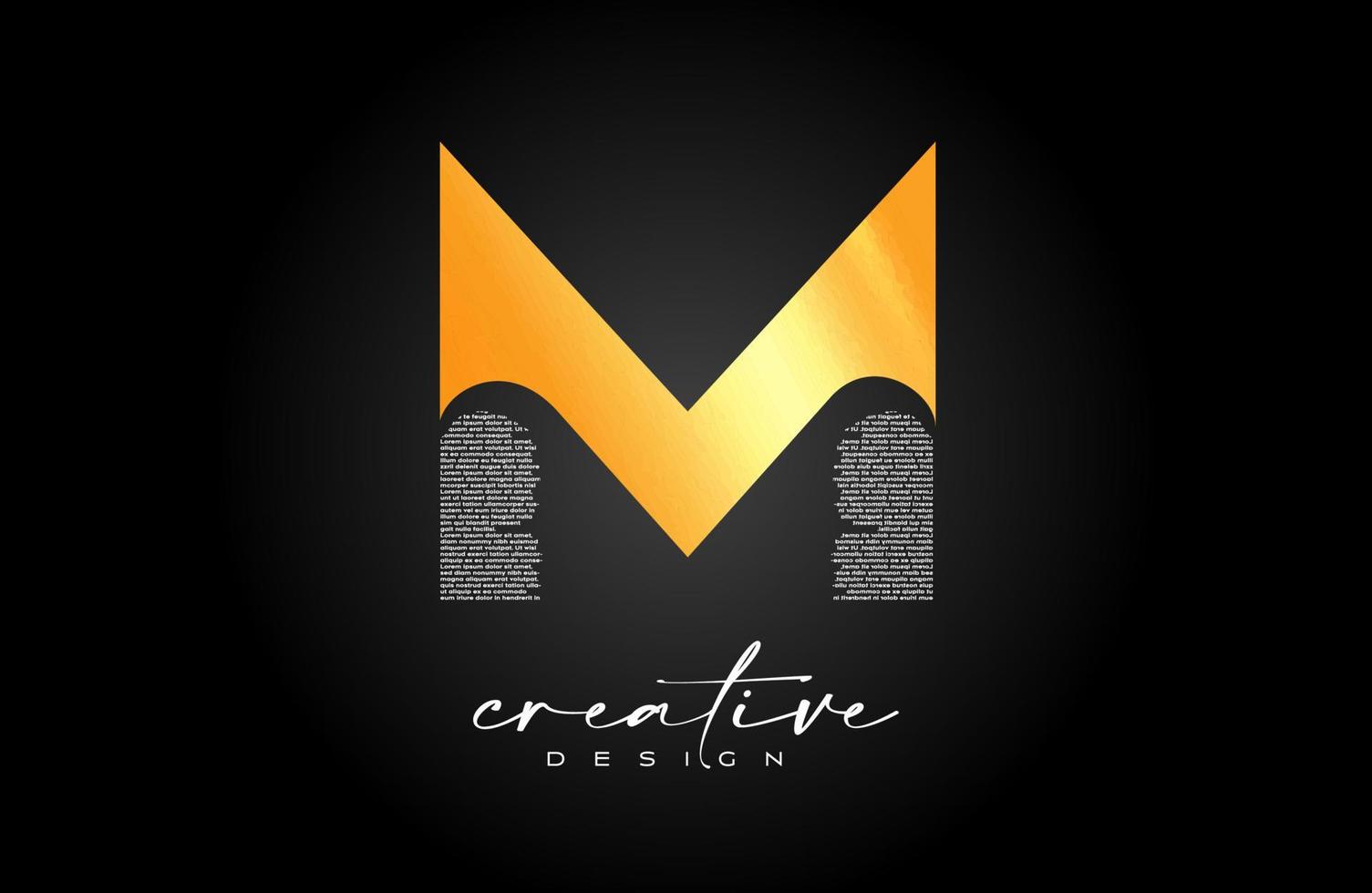 gyllene m brev logotyp design med kreativ brev m tillverkad av svart text font textur vektor