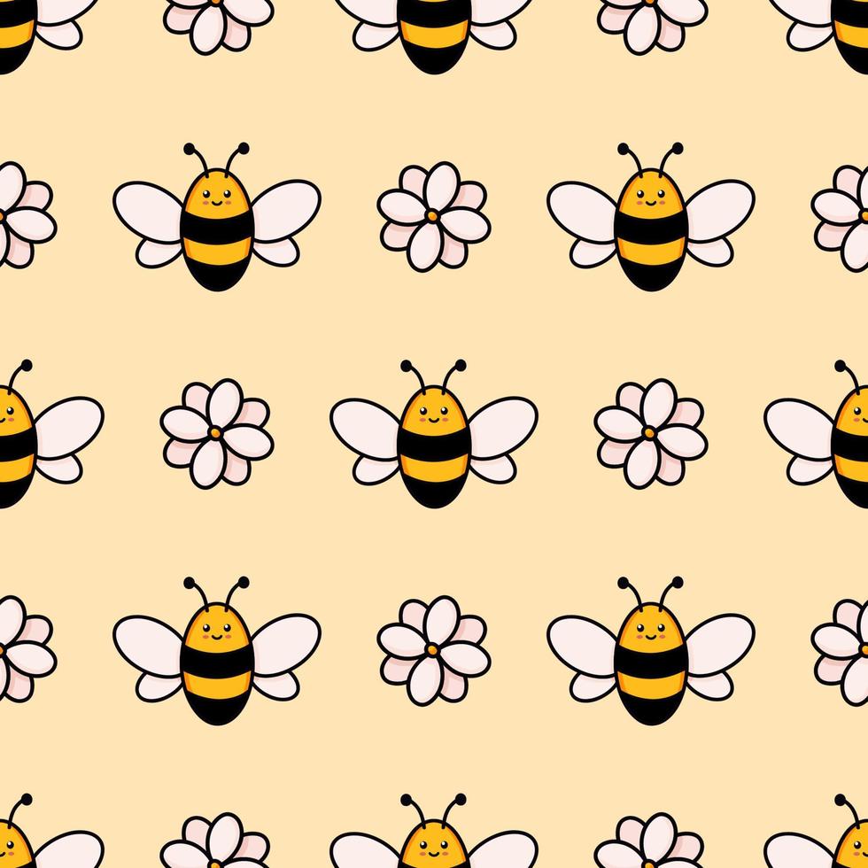 söt honung bi sömlös mönster. vektor klotter tecknad serie blommor och humlor illustration digital papper isolerat på vit bakgrund perfekt för barn tyg