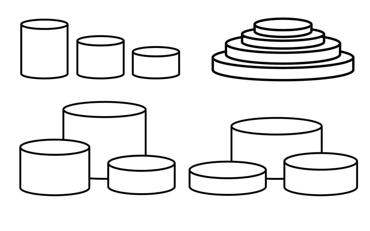 podium geometrisches mockup anzeigelinienset. runder umriss doodle zylinder sockel sammlung. 3D-Plattform-Produktpräsentationsstand. vektor