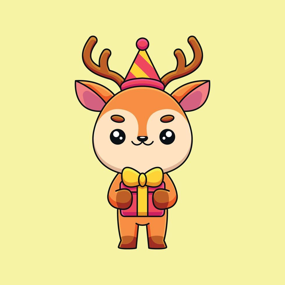 süßer geburtstag hirsch cartoon maskottchen gekritzel kunst hand gezeichnet konzept vektor kawaii symbol illustration