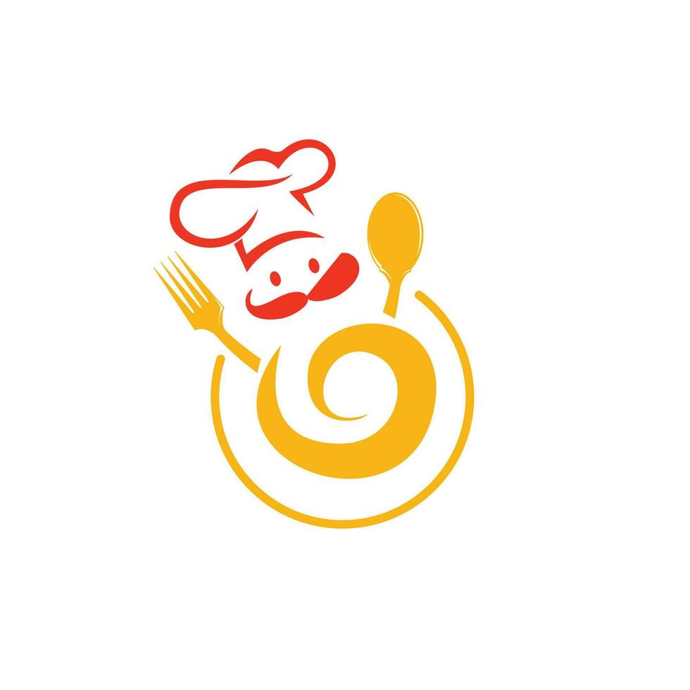 Logo-Vorlage für Essen und Restaurant. meisterkoch kreatives symbolkonzept. Kochgesicht, Schnurrbart und Hut. vektor