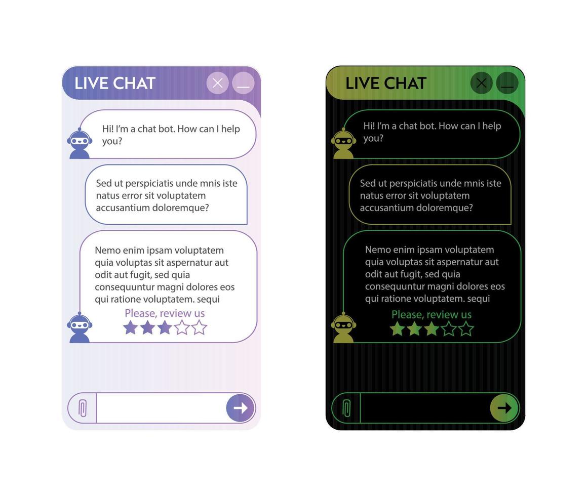 chatbot fönster uppsättning. användare gränssnitt av Ansökan med uppkopplad dialog. konversation med en robot assistent vektor