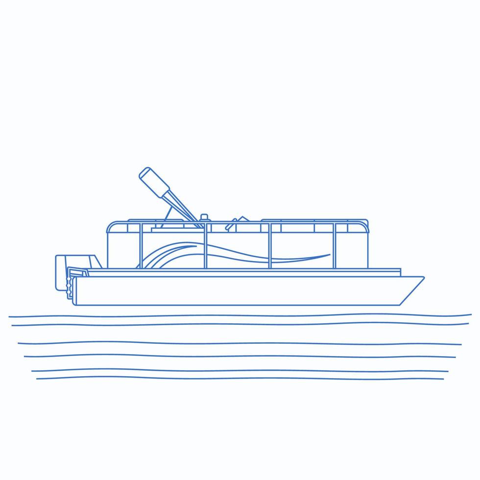 editierbare Seitenansicht Pontonboot auf welliger Wasservektorillustration im Umrissstil mit blauer Farbe für Grafikelement des Transport- oder Erholungsbezogenen Designs vektor
