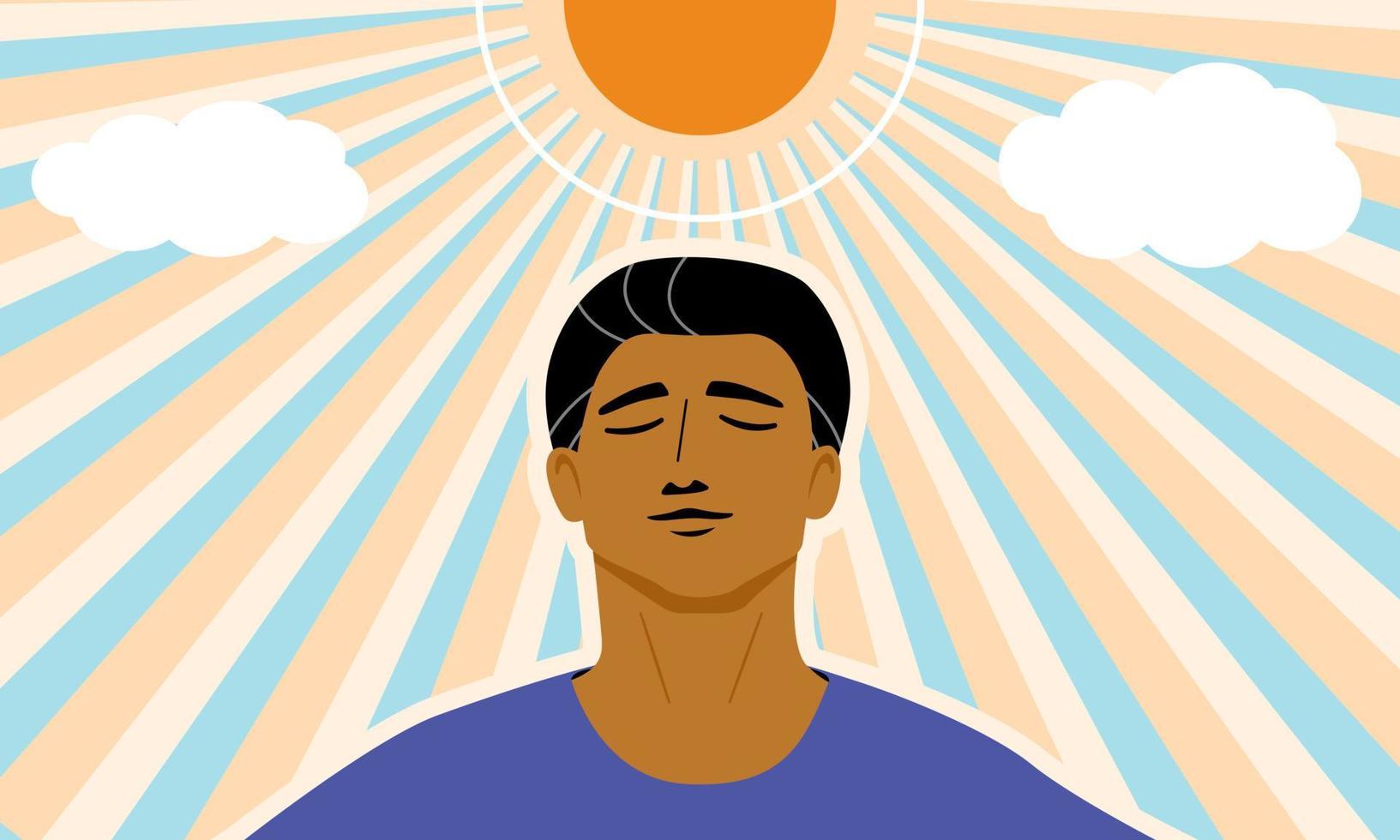 Ein Mann mit brauner Haut unter der Sonne, um mehr Vitamin D aus dem Sonnenlicht zu bekommen, gesundes Lebensstilkonzept. flache vektorillustration. vektor