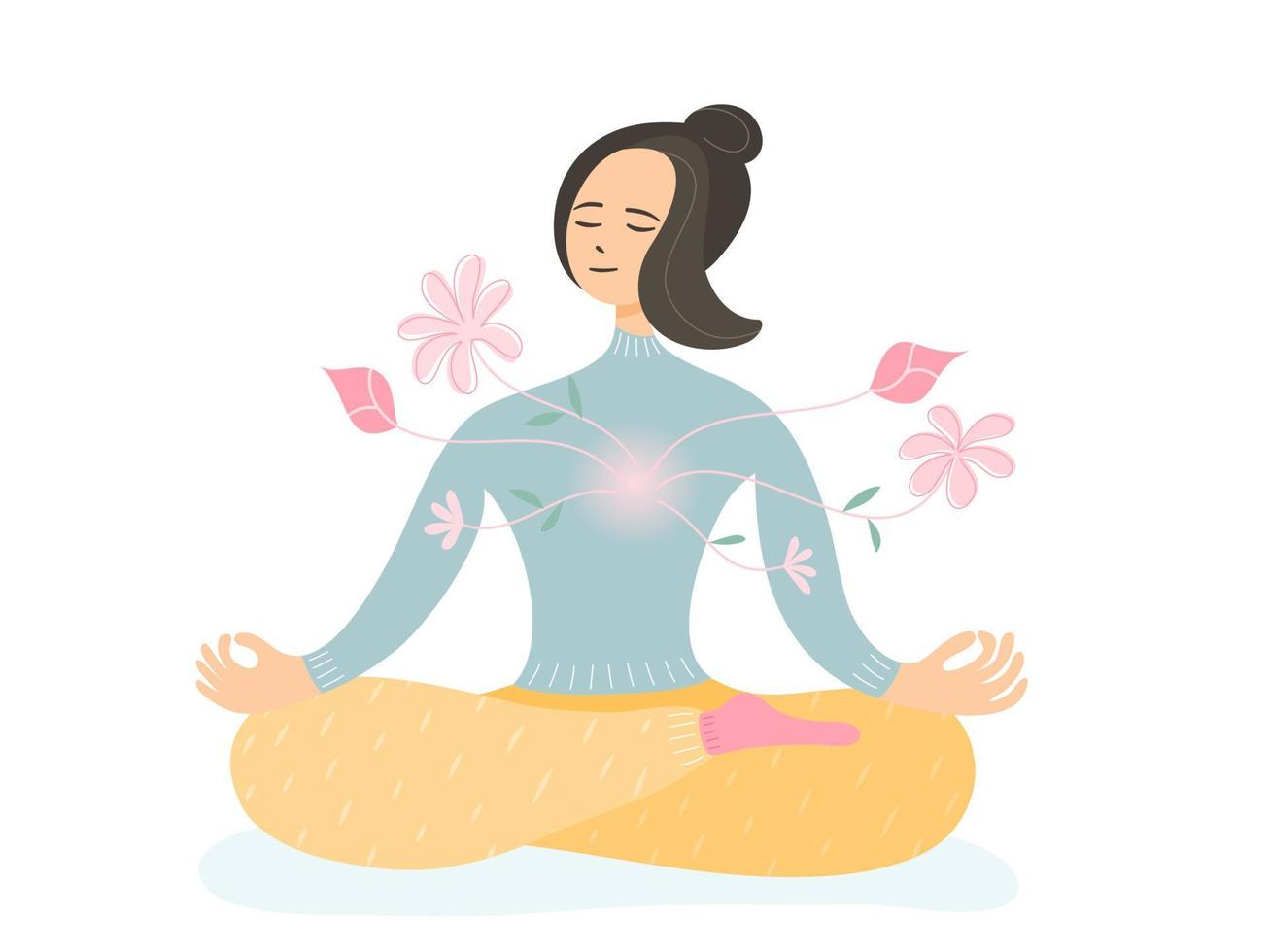 en kvinna Sammanträde och mediterar med fred av sinne på vit bakgrund. mental hälsa och emotionell själv vård begrepp, platt vektor illustration.