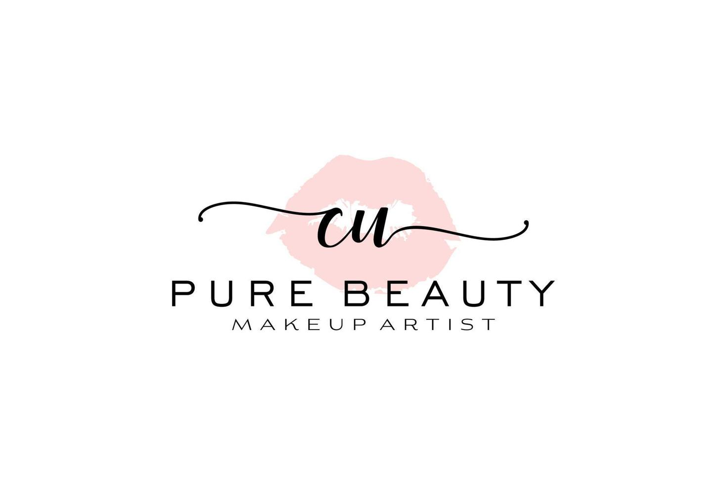 vorgefertigtes Logo-Design mit anfänglichen Cu-Aquarelllippen, Logo für Make-up-Künstler-Business-Branding, errötendes Beauty-Boutique-Logo-Design, Kalligrafie-Logo mit kreativer Vorlage. vektor