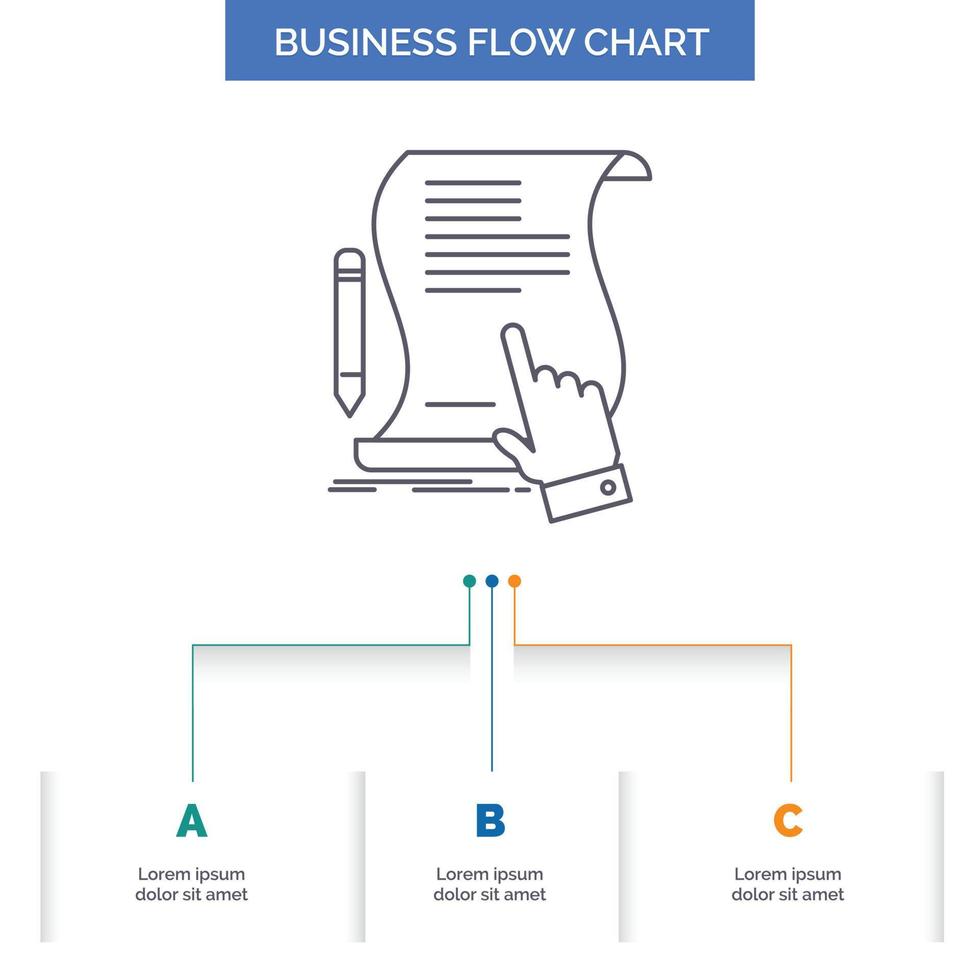 Vertrag. dokumentieren. Papier. Schild. Zustimmung. Design von Geschäftsflussdiagrammen für Anwendungen mit 3 Schritten. Liniensymbol für Präsentation Hintergrundvorlage Platz für Text vektor