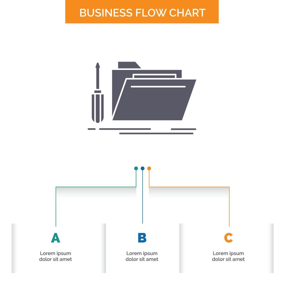 Mappe. Werkzeug. Reparatur. Ressource. Service-Business-Flussdiagramm-Design mit 3 Schritten. Glyphensymbol für Präsentationshintergrundvorlage Platz für Text. vektor