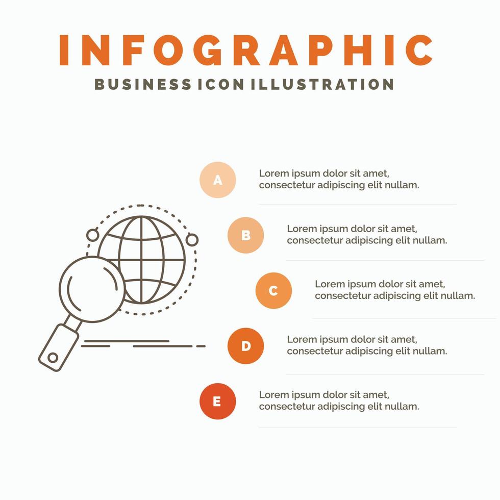 global. klot. förstoringsglas. forskning. värld infographics mall för hemsida och presentation. linje grå ikon med orange infographic stil vektor illustration