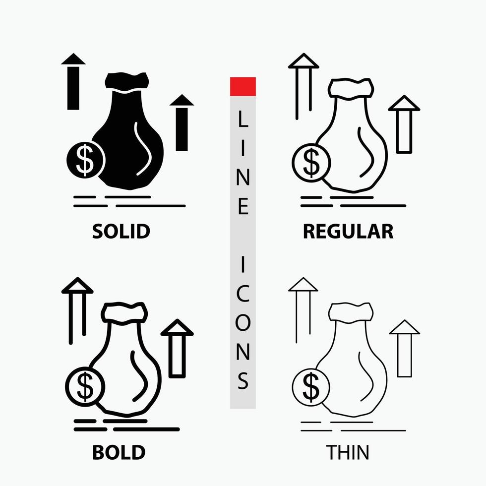 Geld. Tasche. Dollar. Wachstum. Aktiensymbol in dünn. regulär. fette Linie und Glyphenstil. Vektor-Illustration vektor