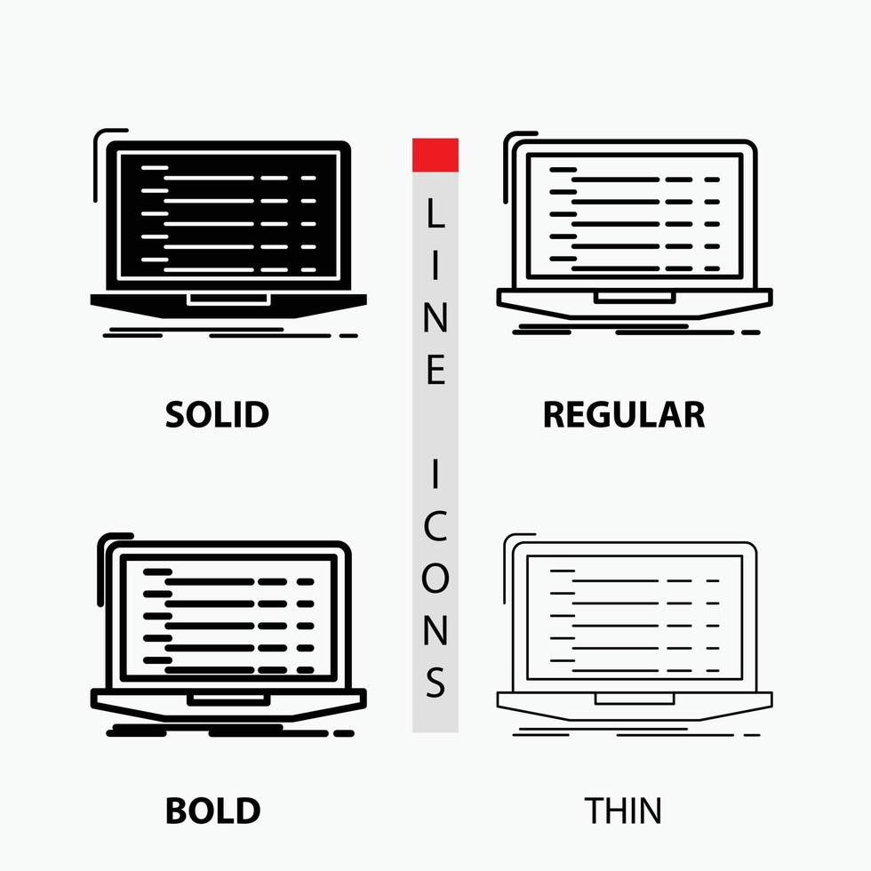 API. App. Kodierung. Entwickler. Laptop-Symbol in dünn. regulär. fette Linie und Glyphenstil. Vektor-Illustration vektor