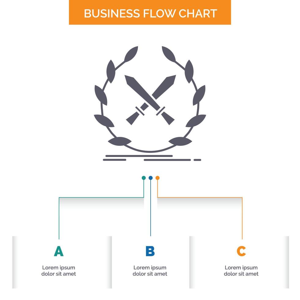 Schlacht. Emblem. Spiel. Etikett. Schwerter-Business-Flow-Chart-Design mit 3 Schritten. Glyphensymbol für Präsentationshintergrundvorlage Platz für Text. vektor