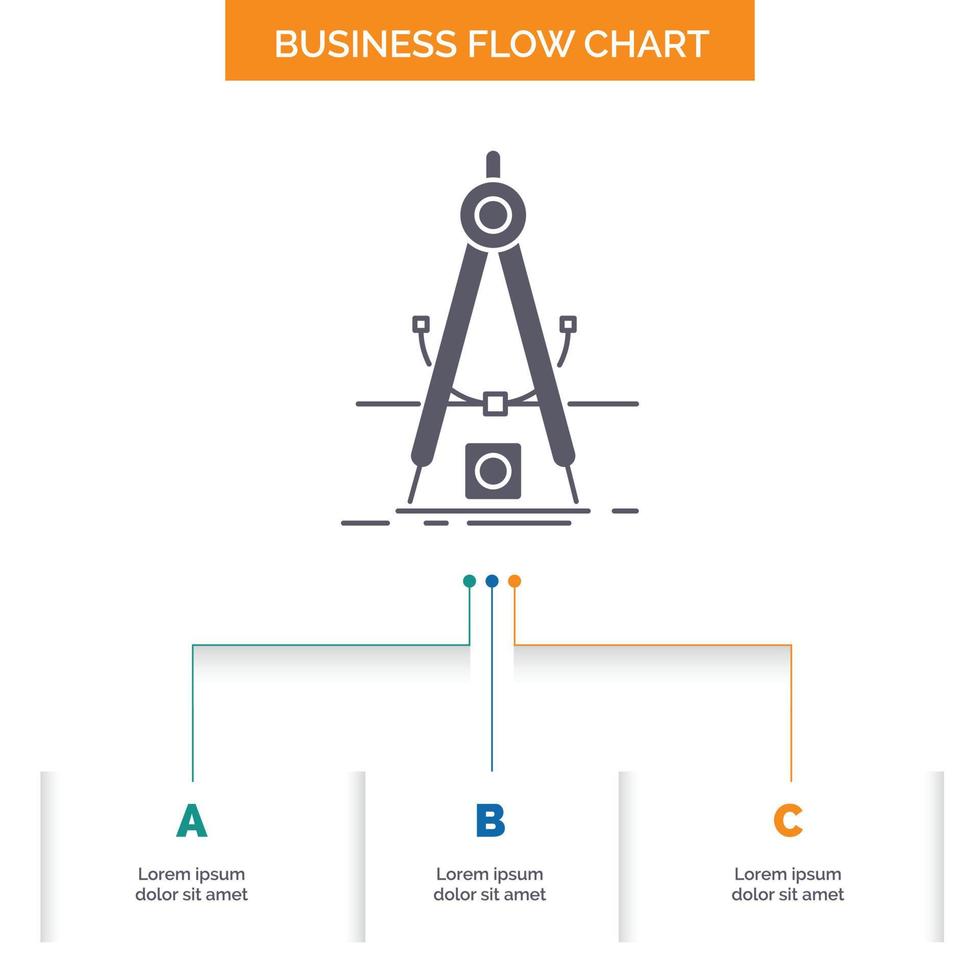 Entwurf. messen. Produkt. Raffinesse. Entwicklung Business Flow Chart-Design mit 3 Schritten. Glyphensymbol für Präsentationshintergrundvorlage Platz für Text. vektor
