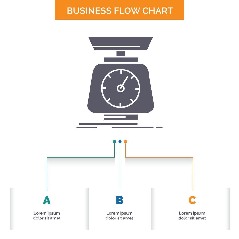 Implementierung. Masse. Skala. Waage. Volumen Business Flow Chart-Design mit 3 Schritten. Glyphensymbol für Präsentationshintergrundvorlage Platz für Text. vektor