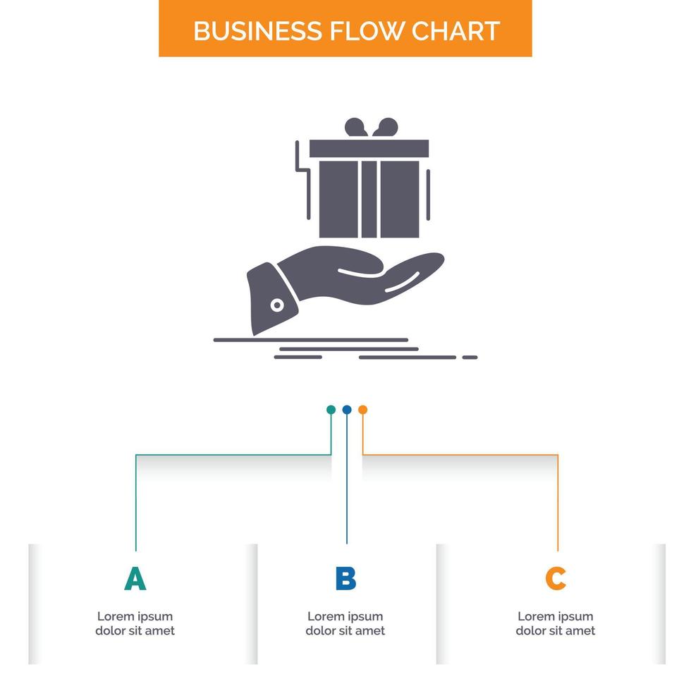Geschenk. Überraschung. Lösung. Idee. Geburtstags-Business-Flow-Chart-Design mit 3 Schritten. Glyphensymbol für Präsentationshintergrundvorlage Platz für Text. vektor