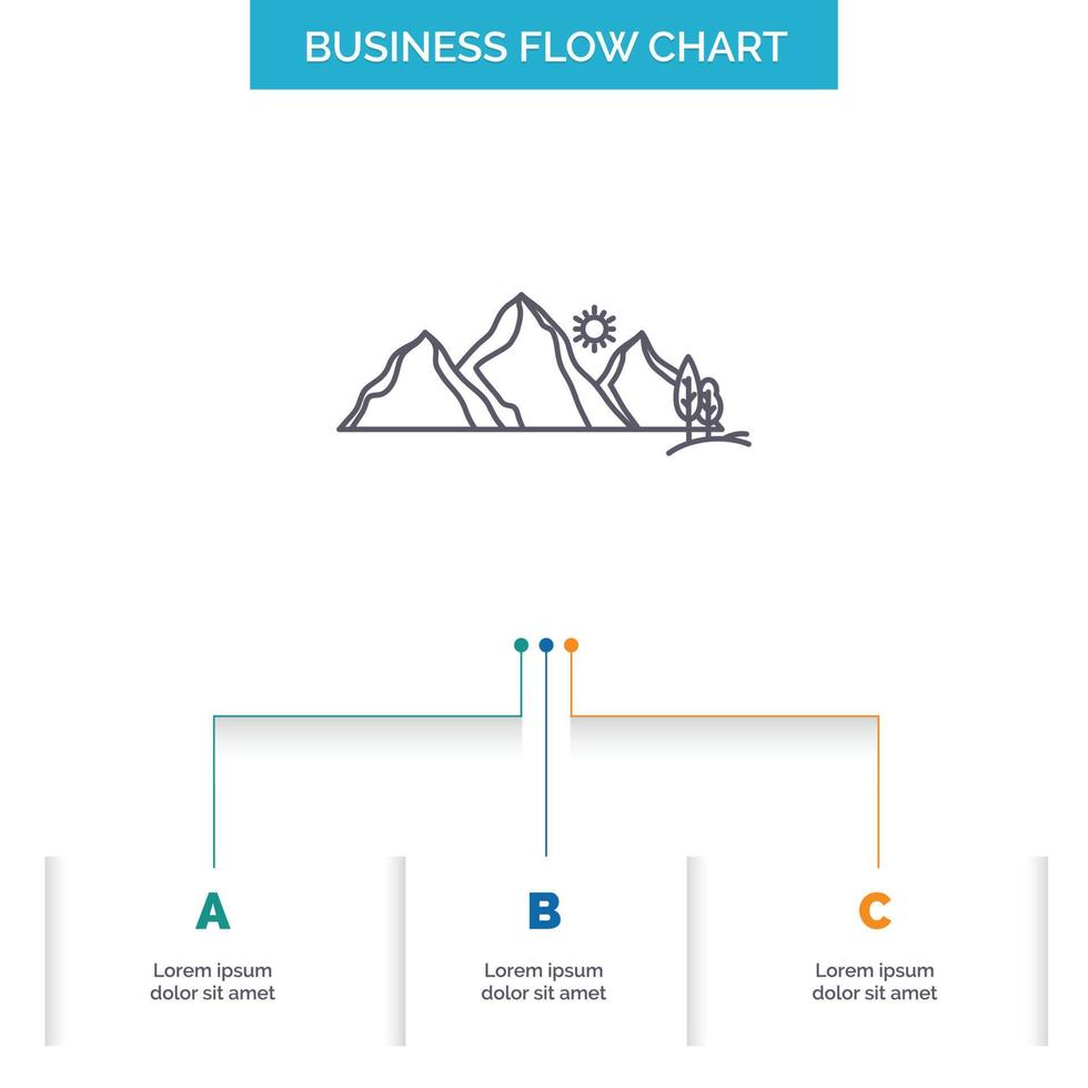 hügel. Landschaft. Natur. Berg. Szene Business Flow Chart-Design mit 3 Schritten. Liniensymbol für Präsentation Hintergrundvorlage Platz für Text vektor