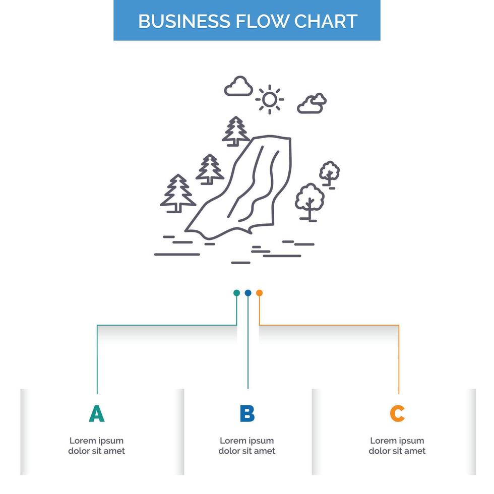 Wasserfall. Baum. Schmerzen. Wolken. Natur-Business-Flow-Chart-Design mit 3 Schritten. Liniensymbol für Präsentation Hintergrundvorlage Platz für Text vektor