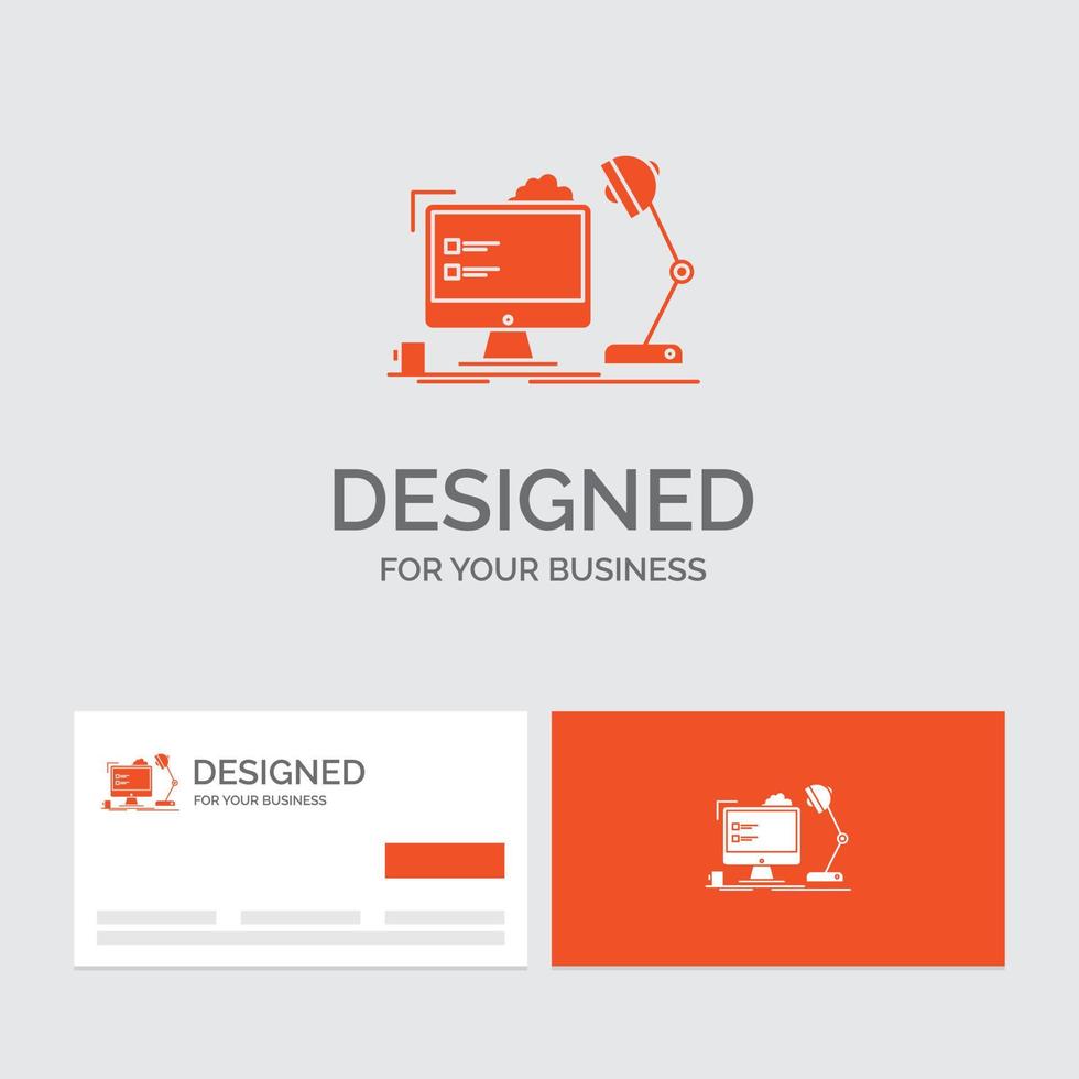 Business-Logo-Vorlage für den Arbeitsplatz. Arbeitsplatz. Büro. Lampe. Computer. orange visitenkarten mit markenlogo-vorlage. vektor