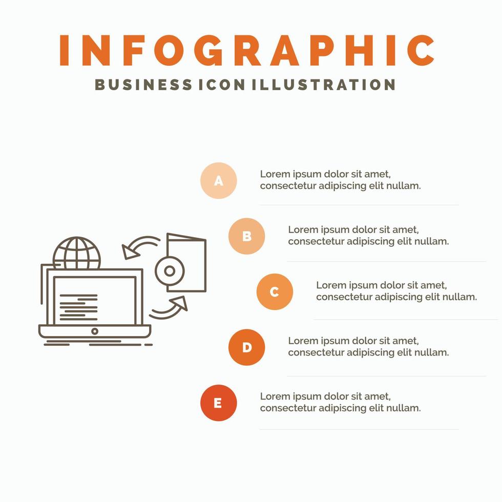 skiva. uppkopplad. spel. publicera. publishing infographics mall för hemsida och presentation. linje grå ikon med orange infographic stil vektor illustration