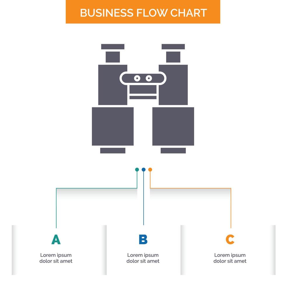 Fernglas. finden. Suche. erforschen. Camping-Business-Flow-Chart-Design mit 3 Schritten. Glyphensymbol für Präsentationshintergrundvorlage Platz für Text. vektor