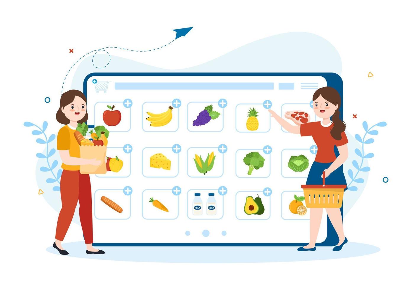 uppkopplad matvaror Lagra eller mataffär till beställa dagligen förnödenheter eller mat via de app i platt tecknad serie hand dragen mallar illustration vektor