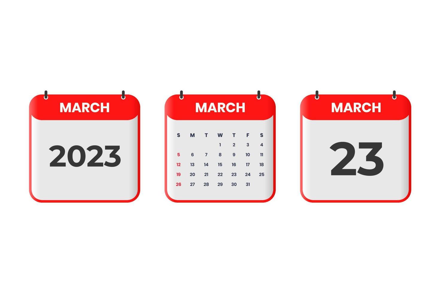 März 2023 Kalenderdesign. 23. März 2023 Kalendersymbol für Zeitplan, Termin, wichtiges Datumskonzept vektor