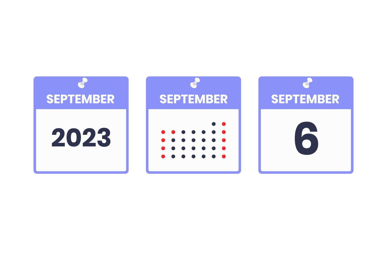 6. September Kalender-Design-Ikone. Kalenderplan 2023, Termin, wichtiges Datumskonzept vektor