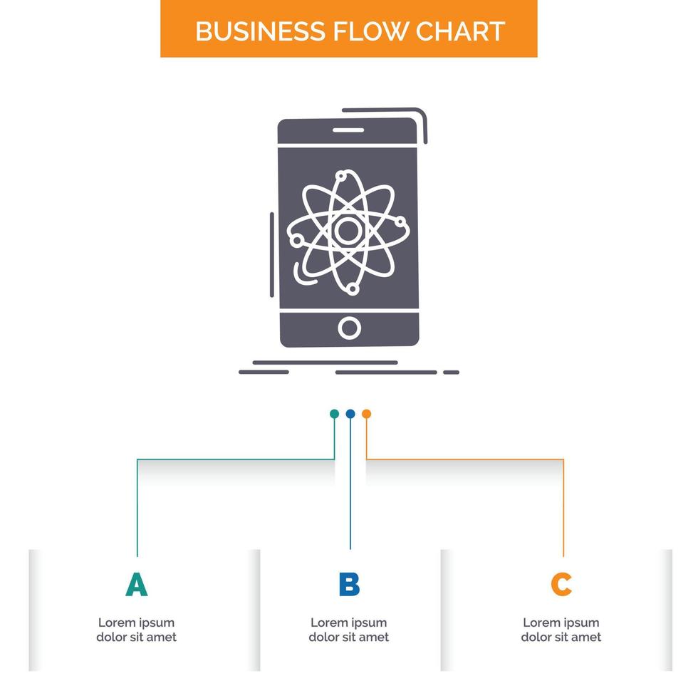 Daten. Information. Handy, Mobiltelefon. Forschung. Design von Flussdiagrammen für Wissenschaftsunternehmen mit 3 Schritten. Glyphensymbol für Präsentationshintergrundvorlage Platz für Text. vektor