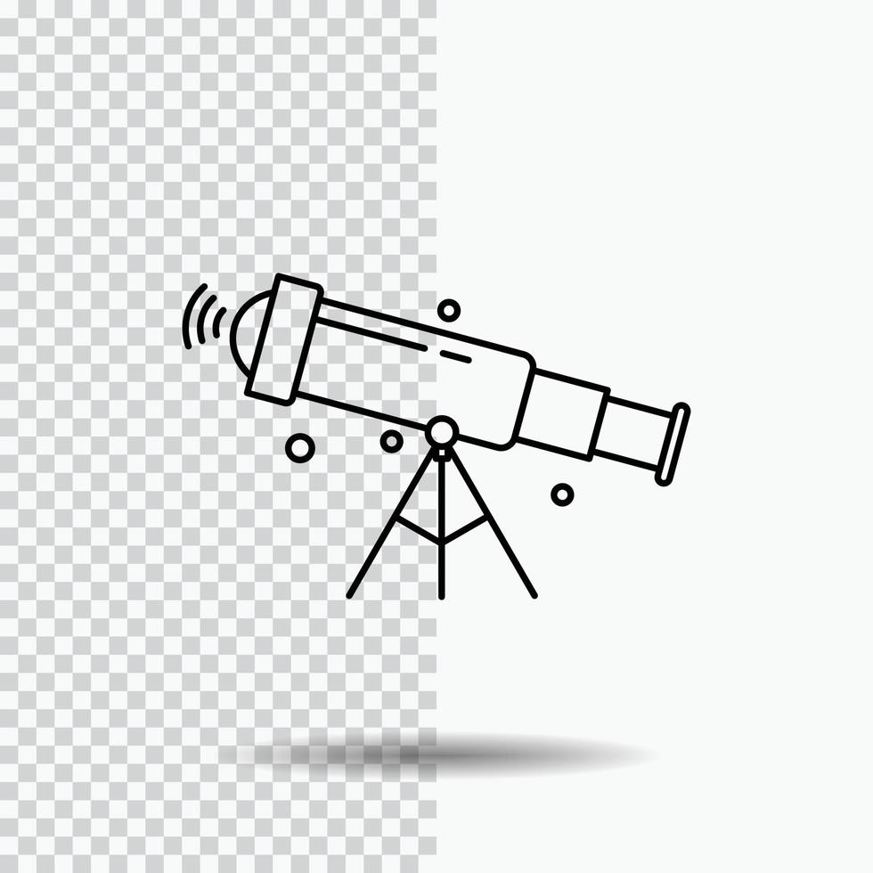 teleskop. astronomi. Plats. se. zoom linje ikon på transparent bakgrund. svart ikon vektor illustration