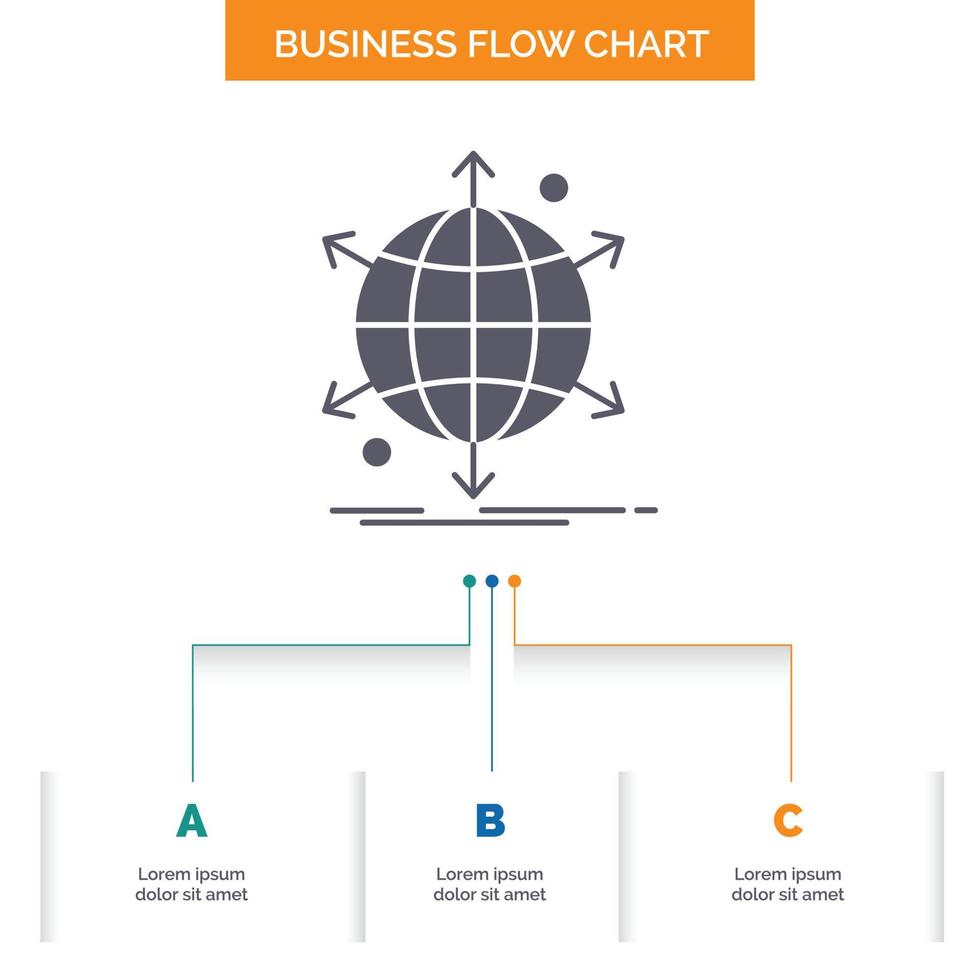 Geschäft. International. Netz. Netzwerk. Web-Business-Flow-Chart-Design mit 3 Schritten. Glyphensymbol für Präsentationshintergrundvorlage Platz für Text. vektor