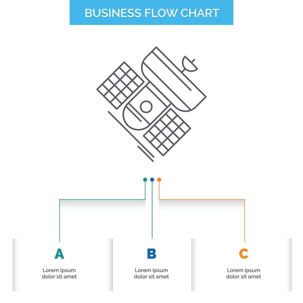 Übertragung. Rundfunk. Kommunikation. Satellit. Telekommunikationsgeschäfts-Flussdiagramm-Design mit 3 Schritten. Liniensymbol für Präsentation Hintergrundvorlage Platz für Text vektor