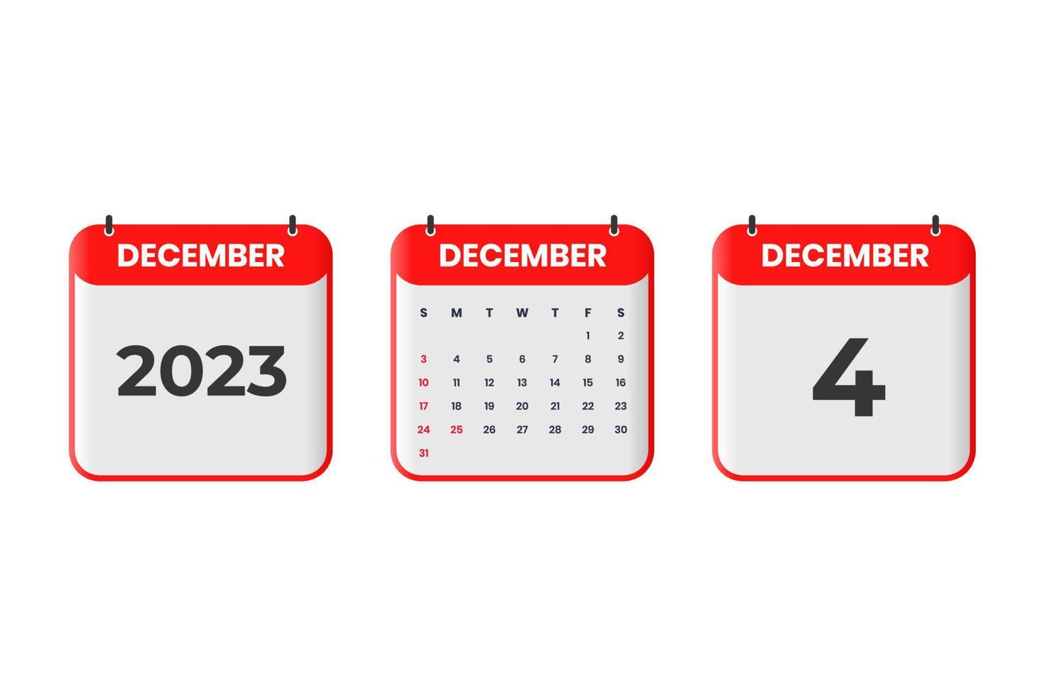 Dezember 2023 Kalenderdesign. 4. Dezember 2023 Kalendersymbol für Zeitplan, Termin, wichtiges Datumskonzept vektor