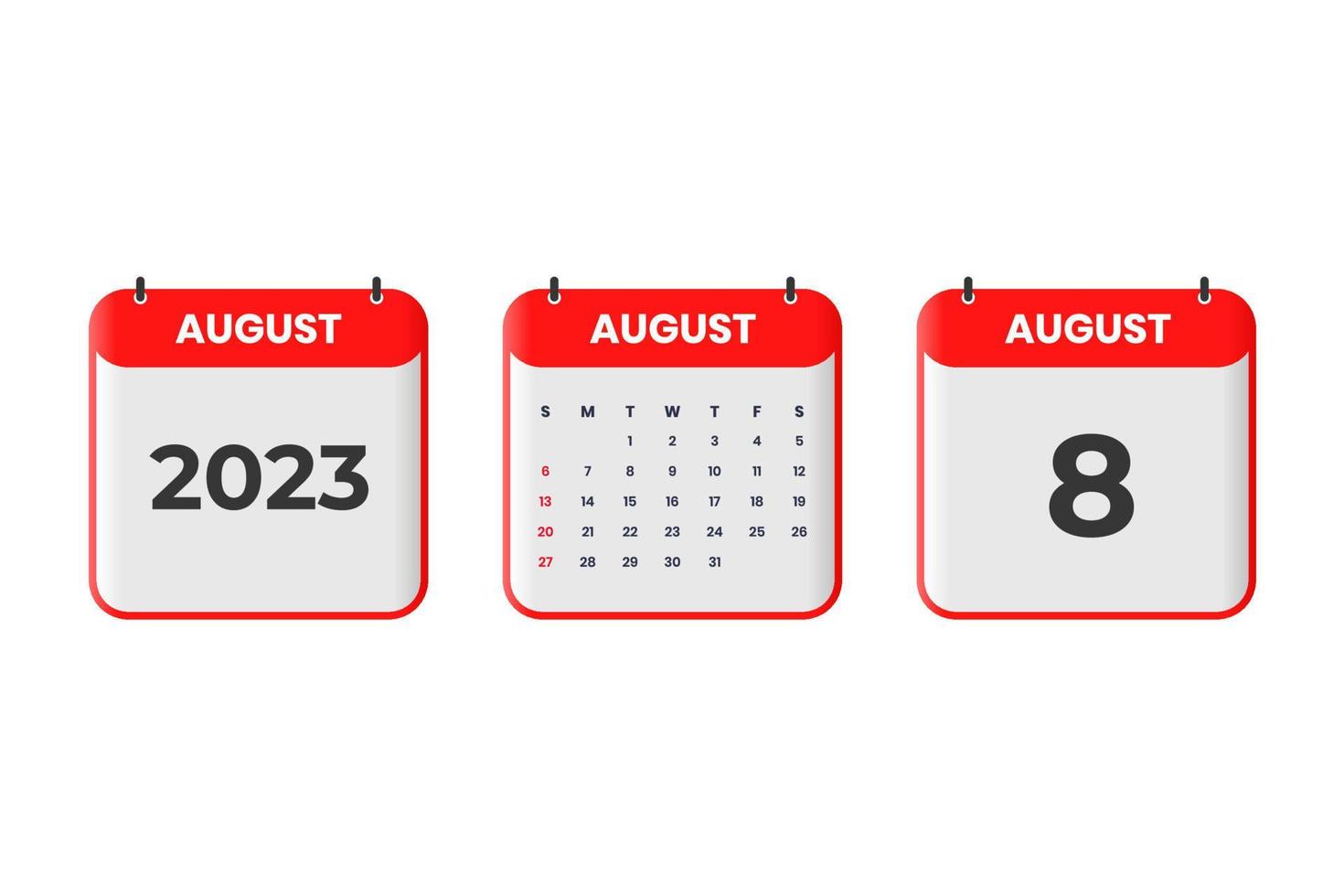 August 2023 Kalenderdesign. 8. August 2023 Kalendersymbol für Zeitplan, Termin, wichtiges Datumskonzept vektor
