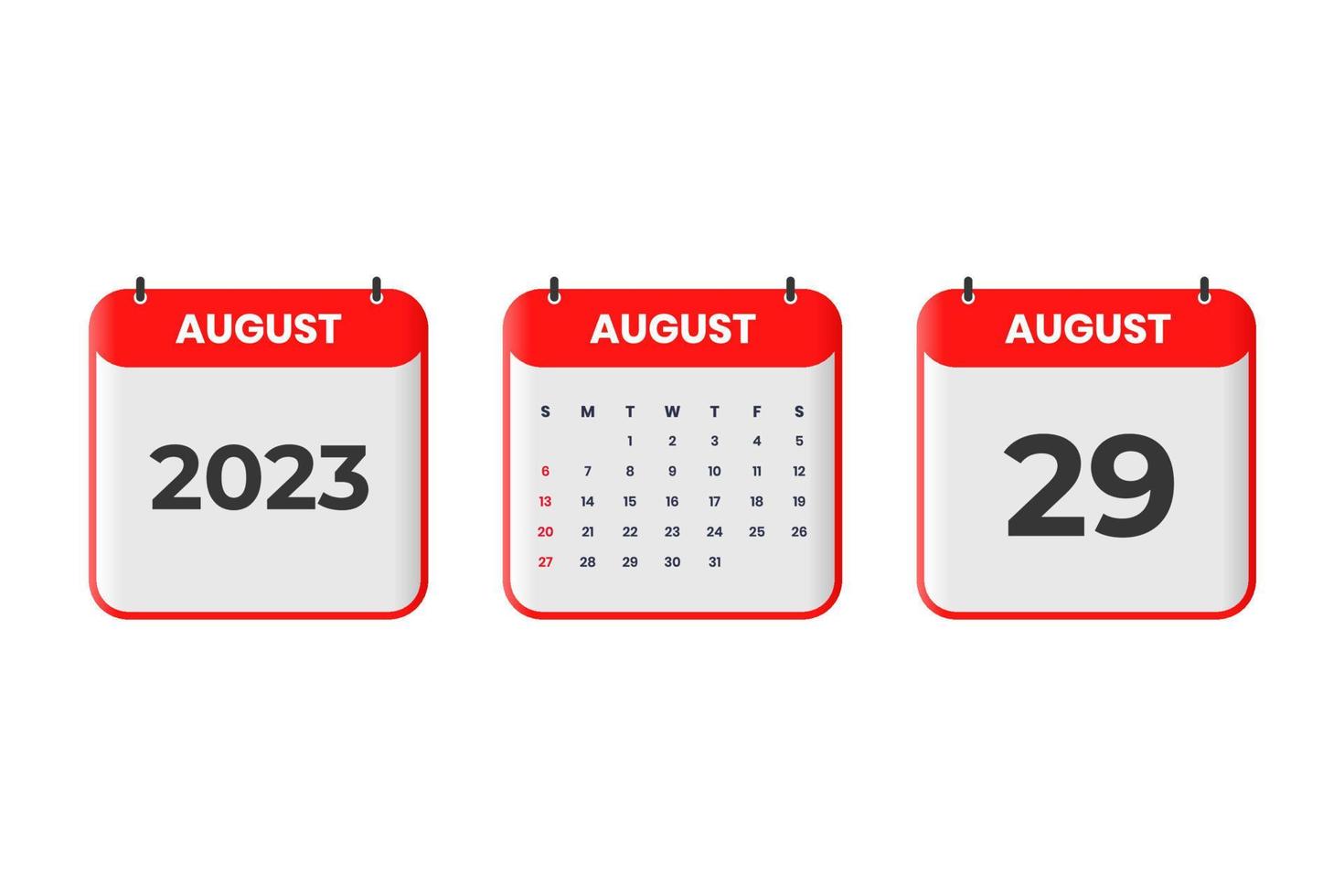 August 2023 Kalenderdesign. 29. August 2023 Kalendersymbol für Zeitplan, Termin, wichtiges Datumskonzept vektor