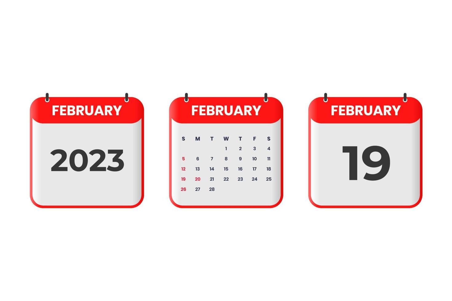 Februar 2023 Kalenderdesign. 19. Februar 2023 Kalendersymbol für Zeitplan, Termin, wichtiges Datumskonzept vektor