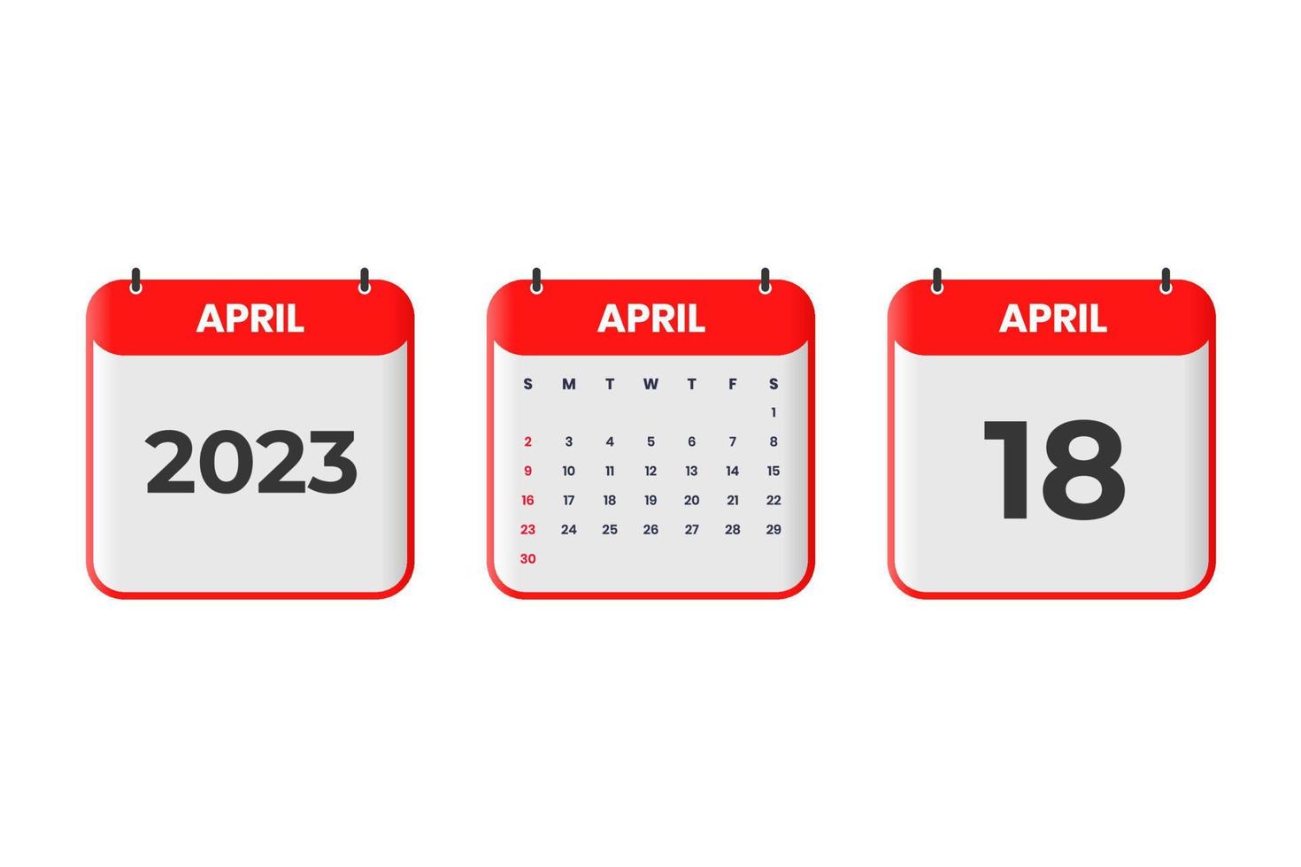 april 2023 kalender design. 18: e april 2023 kalender ikon för schema, utnämning, Viktig datum begrepp vektor