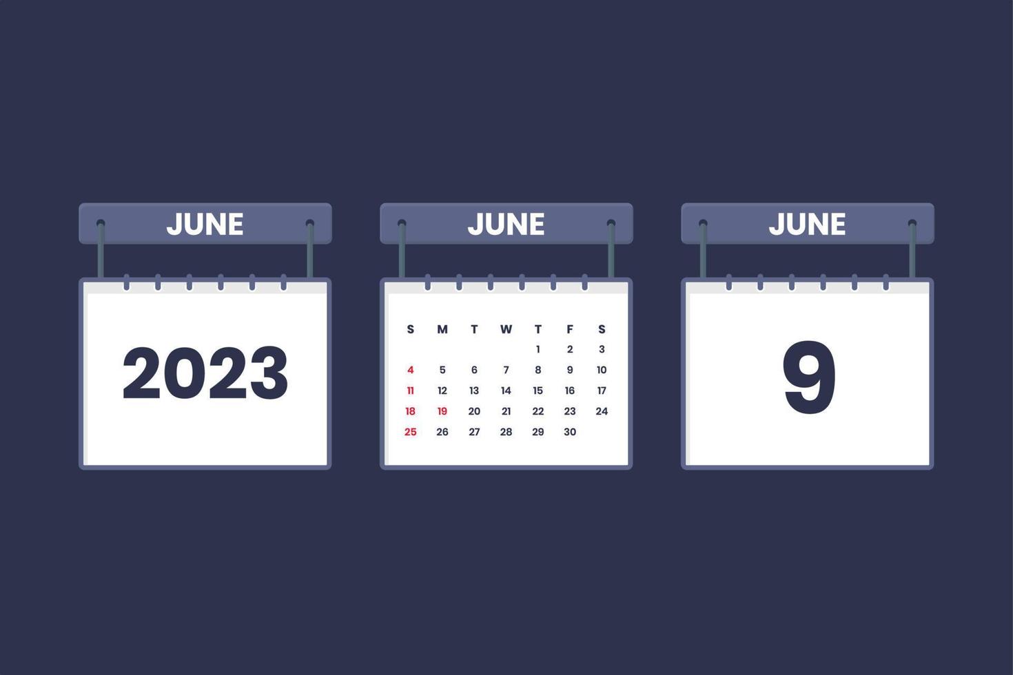 9 juni 2023 kalender ikon för schema, utnämning, Viktig datum begrepp vektor