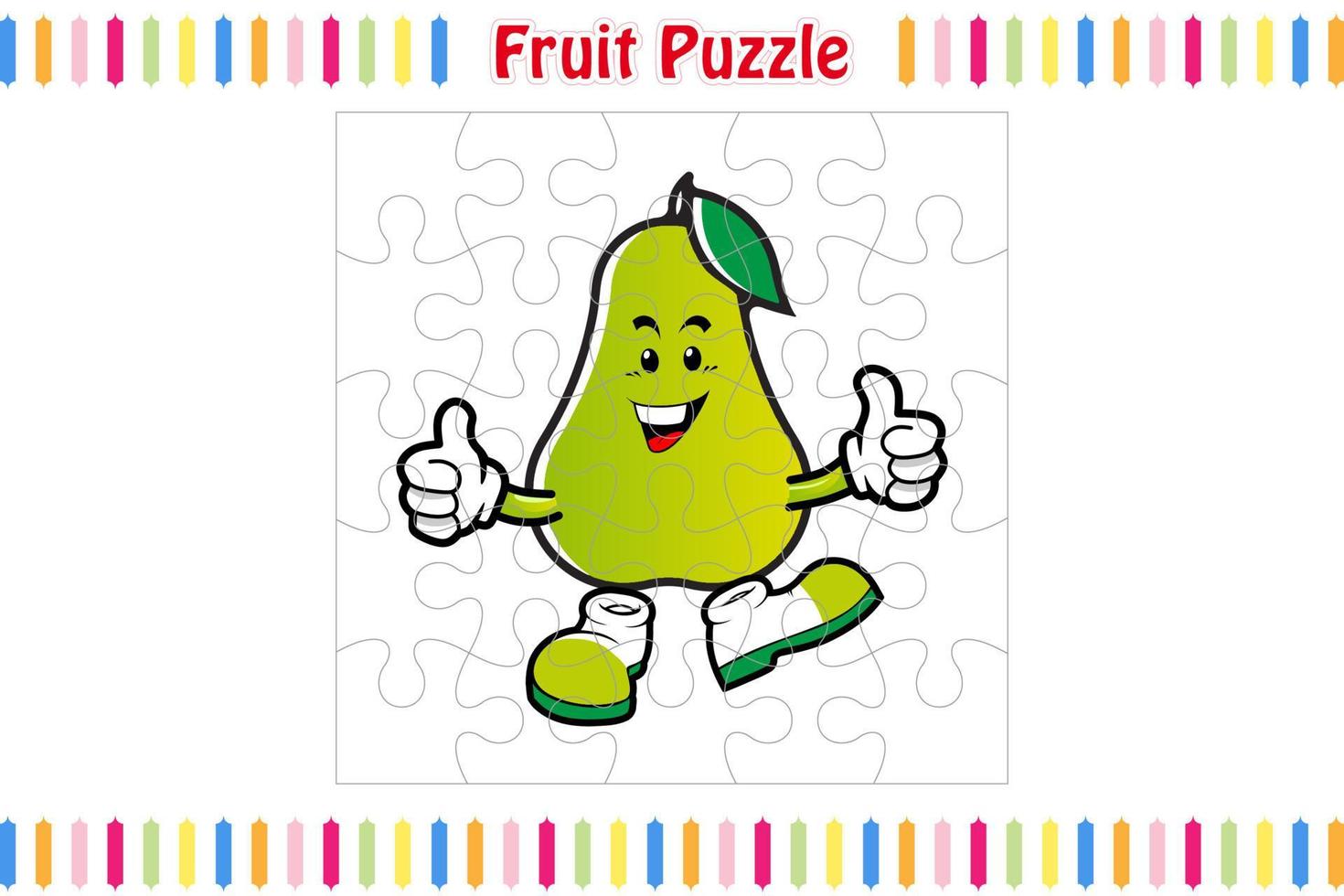 frukt pussel spel för ungar, kontursåg bitar Färg kalkylblad aktivitet sida, isolerat vektor illustration, maskot tecknad serie stil