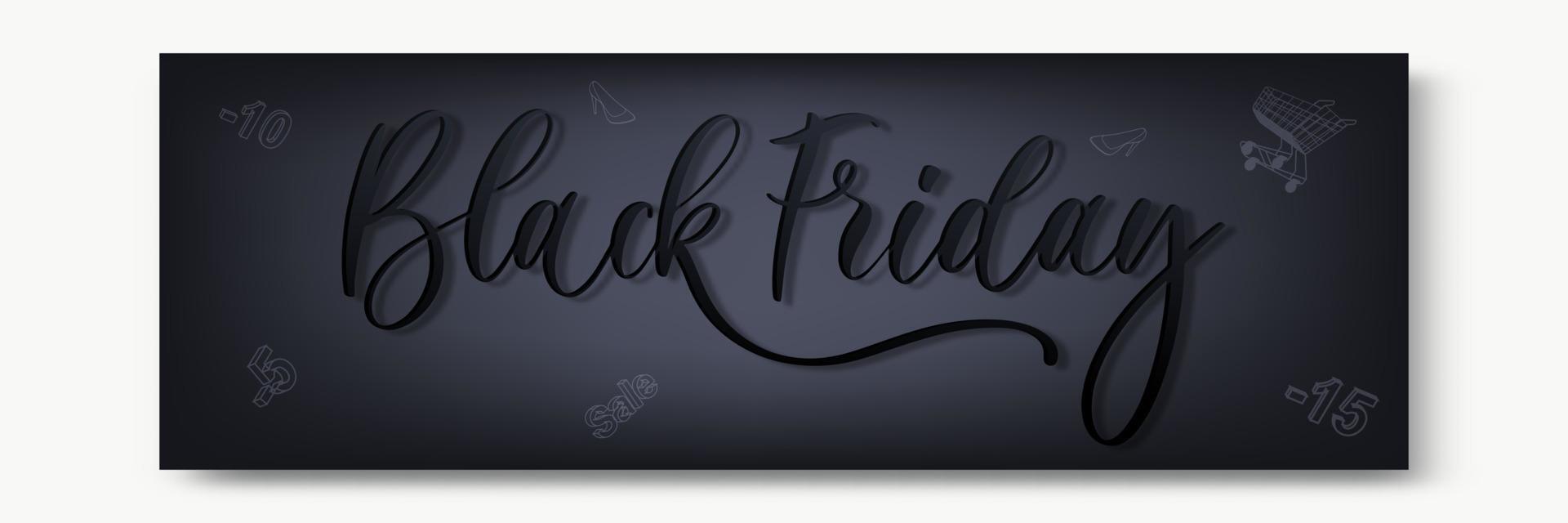 svart fredag eleganta premie baner eller rubrik. modern nedsatt typografi begrepp. svart på svart med abstrakt dekorativ element, realistisk skugga och gyllene glitter. vektor