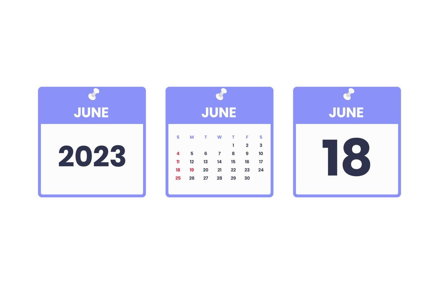 juni kalender design. juni 18 2023 kalender ikon för schema, utnämning, Viktig datum begrepp vektor