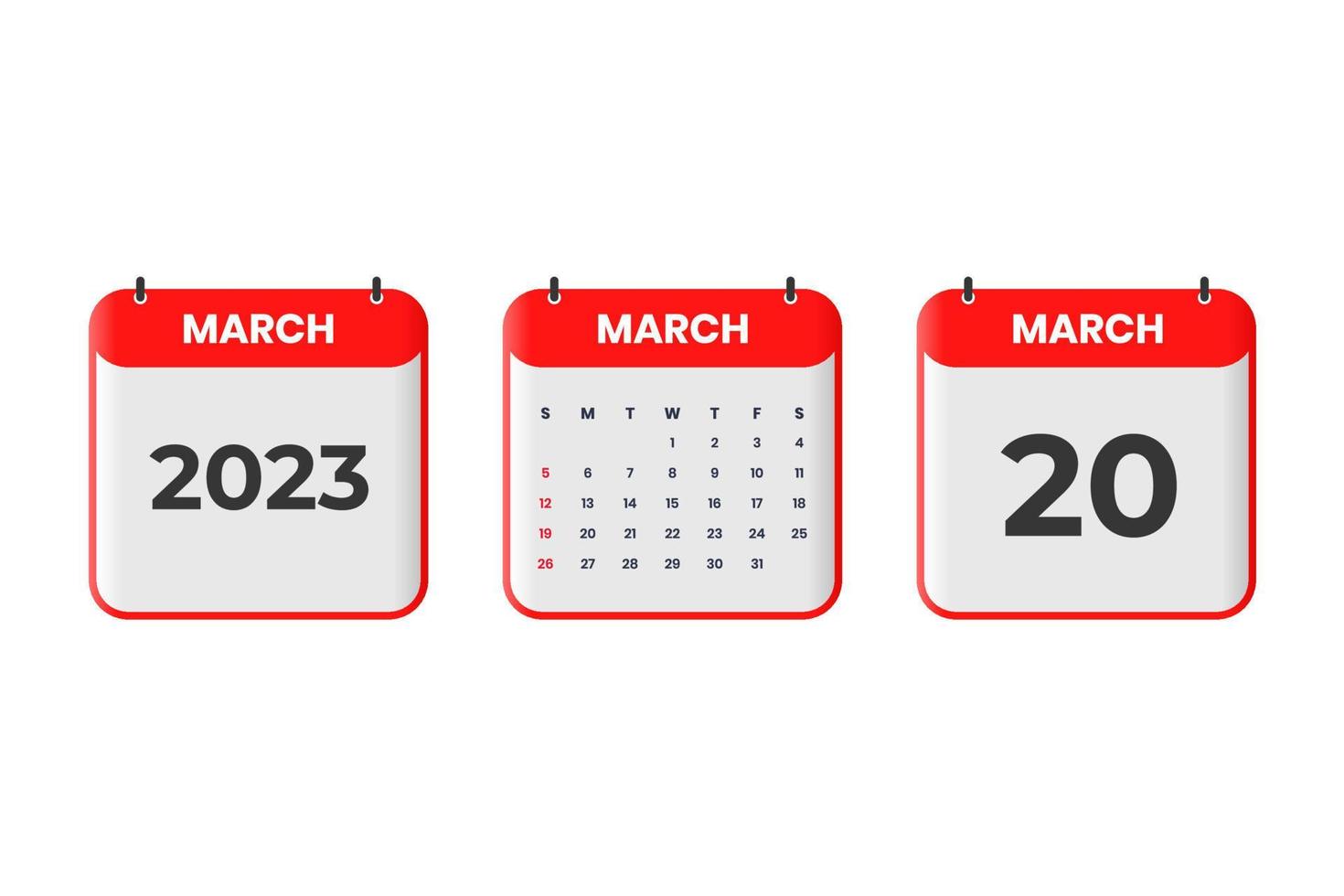 Mars 2023 kalender design. 20:e Mars 2023 kalender ikon för schema, utnämning, Viktig datum begrepp vektor