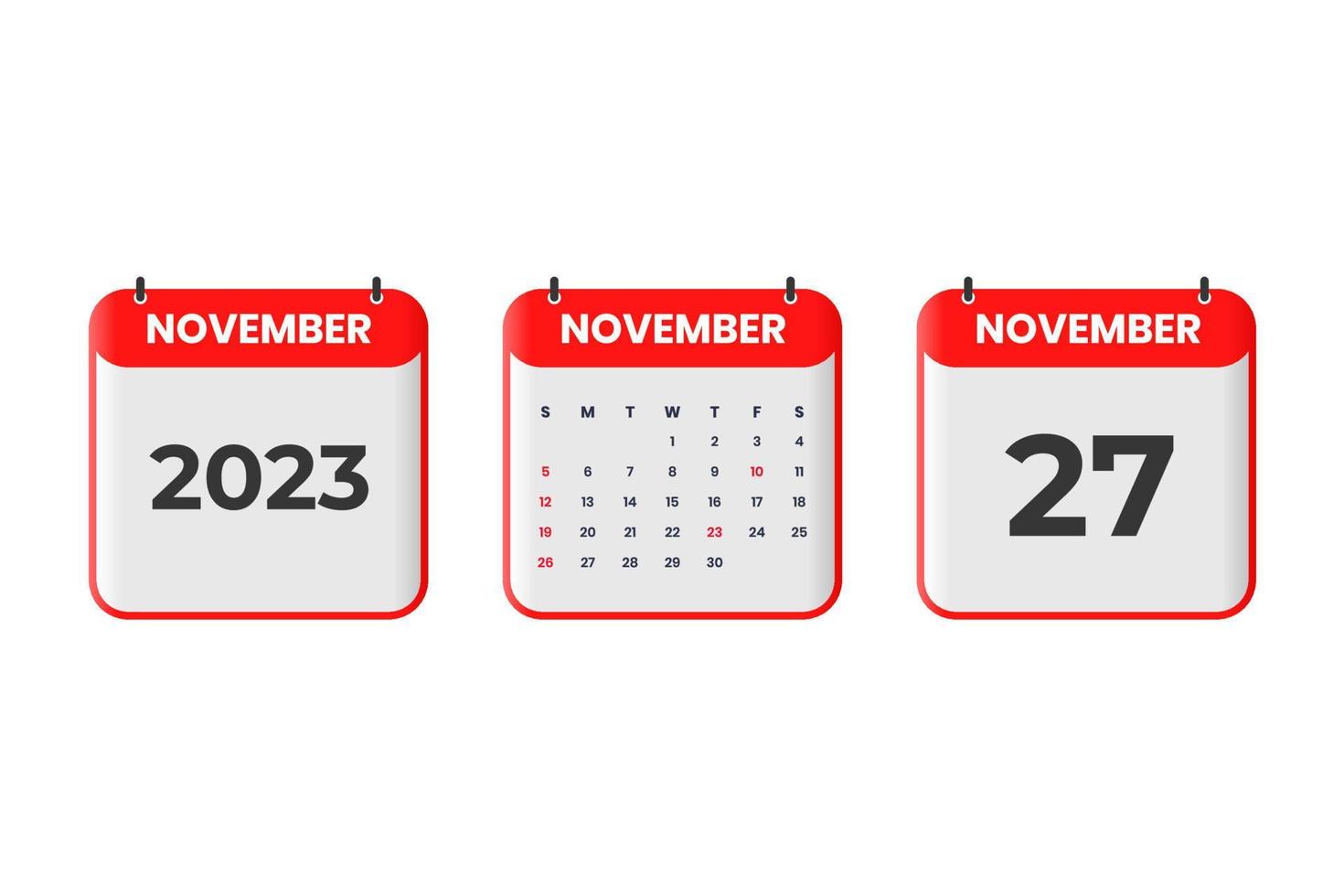 November 2023 Kalenderdesign. 27. November 2023 Kalendersymbol für Zeitplan, Termin, wichtiges Datumskonzept vektor