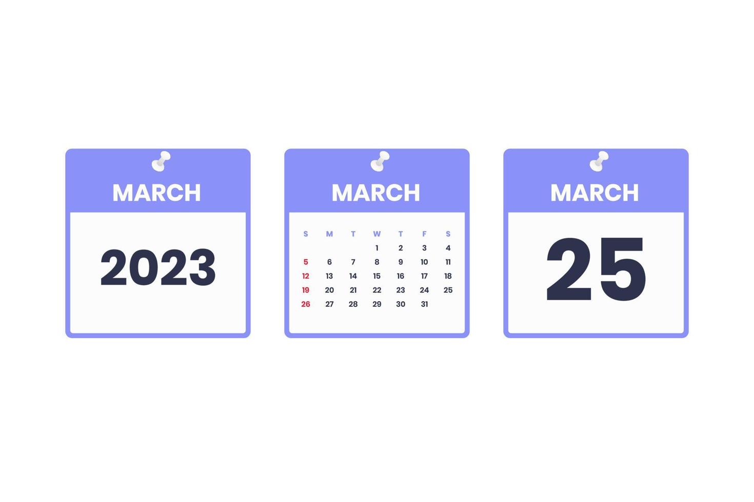 März Kalenderdesign. 25. März 2023 Kalendersymbol für Zeitplan, Termin, wichtiges Datumskonzept vektor