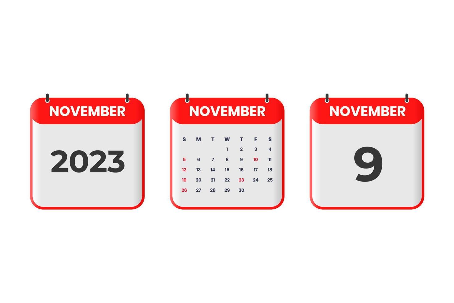 november 2023 kalender design. 9:e november 2023 kalender ikon för schema, utnämning, Viktig datum begrepp vektor