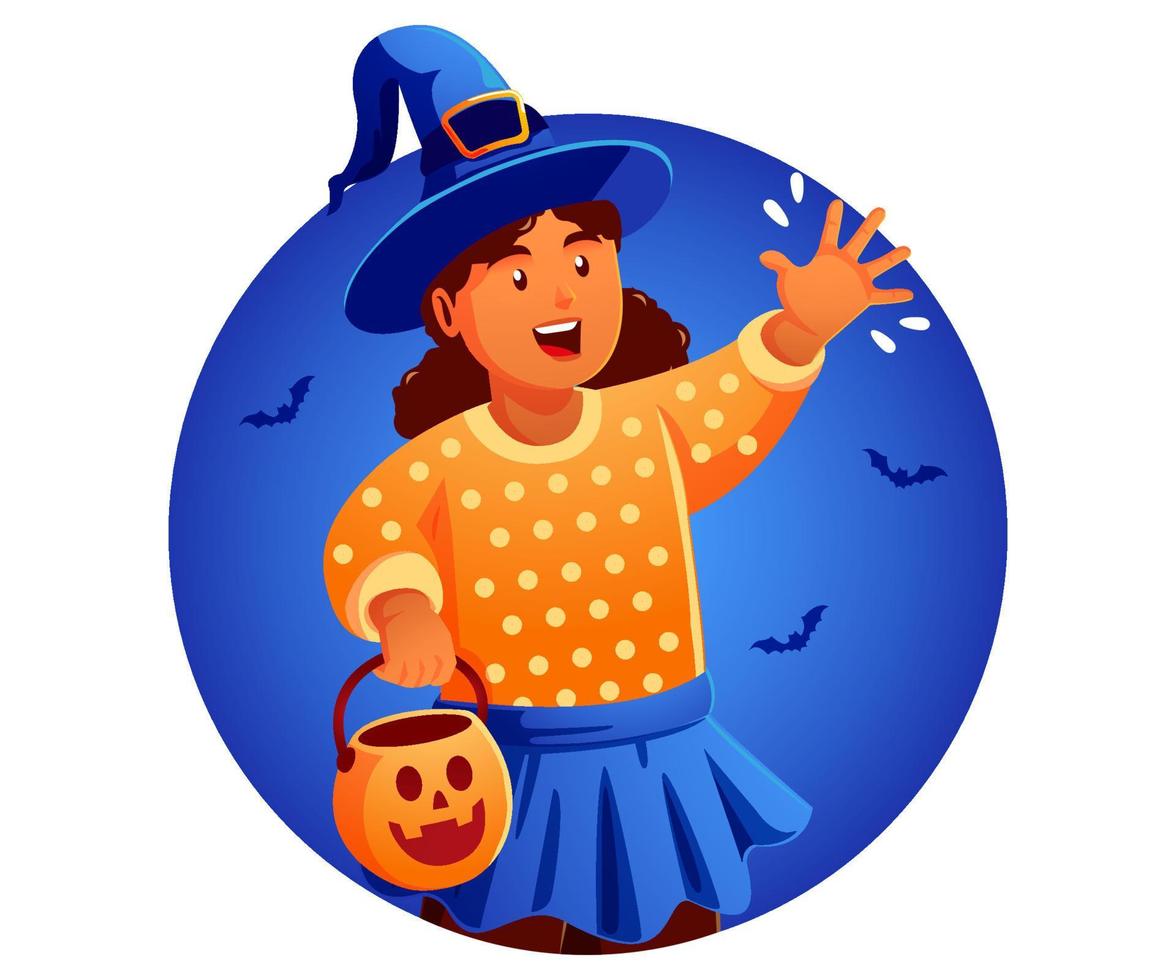 liten flicka fira Lycklig halloween bär häxa hatt vektor