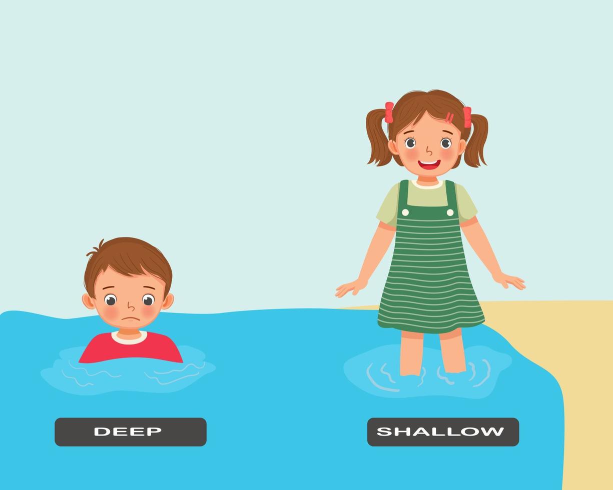 entgegengesetzte Adjektiv-Antonym-Wörter tiefe und flache Illustration von kleinen Jungen und Mädchen, die am Strand im Wasser stehen vektor