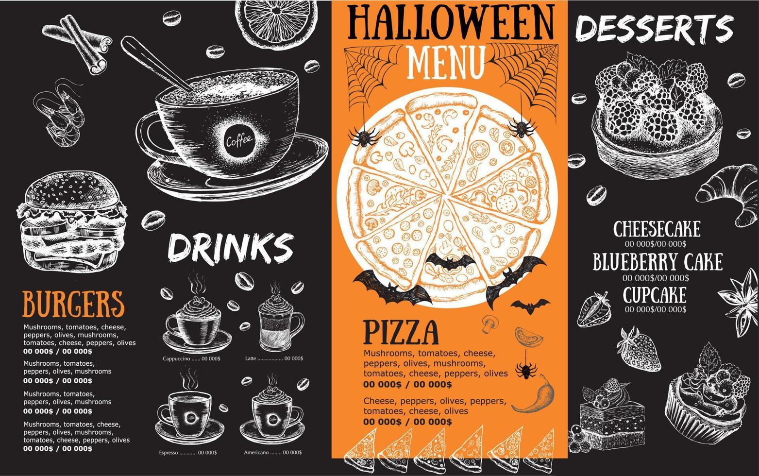 restaurang café meny, malldesign, halloween meny, matreklamblad. vektor