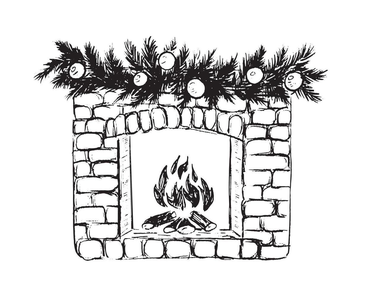 kamin mit socken und weihnachtsschmuck, handgezeichnete illustration. Vektor. vektor