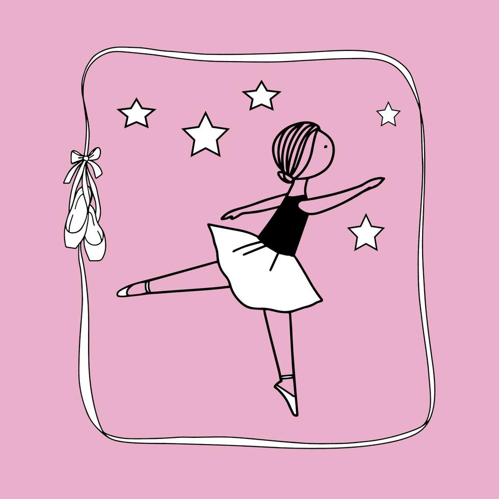 süßes kleines ballerina-mädchen auf rosa hintergrund, bandrahmen mit spitzenschuhen. vektor